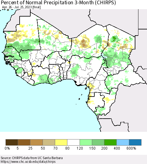 Western Africa Percent of Normal Precipitation 3-Month (CHIRPS) Thematic Map For 4/26/2023 - 7/25/2023