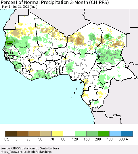 Western Africa Percent of Normal Precipitation 3-Month (CHIRPS) Thematic Map For 5/1/2023 - 7/31/2023