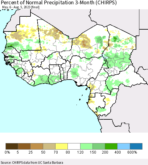 Western Africa Percent of Normal Precipitation 3-Month (CHIRPS) Thematic Map For 5/6/2023 - 8/5/2023