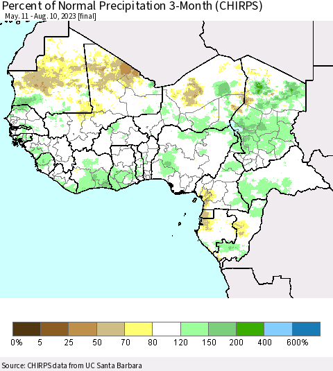 Western Africa Percent of Normal Precipitation 3-Month (CHIRPS) Thematic Map For 5/11/2023 - 8/10/2023