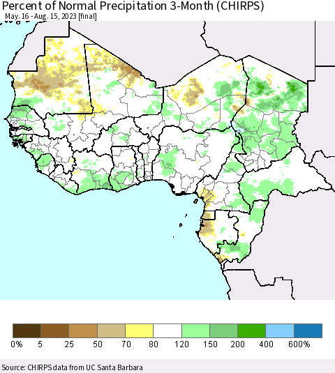 Western Africa Percent of Normal Precipitation 3-Month (CHIRPS) Thematic Map For 5/16/2023 - 8/15/2023