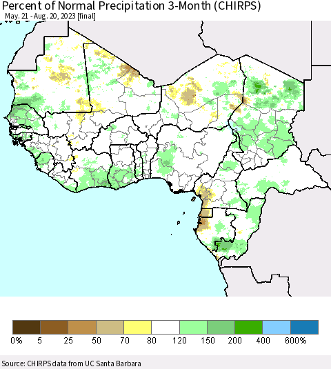 Western Africa Percent of Normal Precipitation 3-Month (CHIRPS) Thematic Map For 5/21/2023 - 8/20/2023