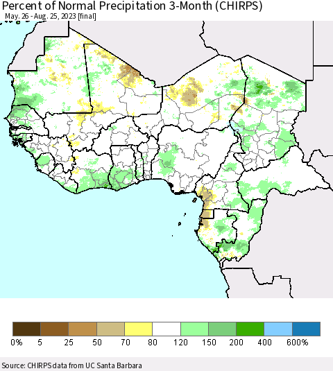 Western Africa Percent of Normal Precipitation 3-Month (CHIRPS) Thematic Map For 5/26/2023 - 8/25/2023