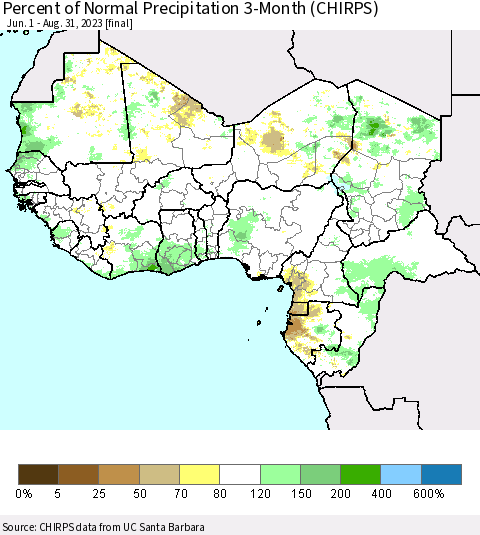 Western Africa Percent of Normal Precipitation 3-Month (CHIRPS) Thematic Map For 6/1/2023 - 8/31/2023
