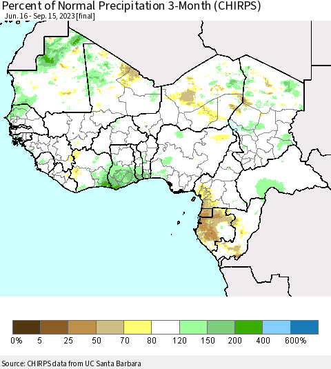 Western Africa Percent of Normal Precipitation 3-Month (CHIRPS) Thematic Map For 6/16/2023 - 9/15/2023