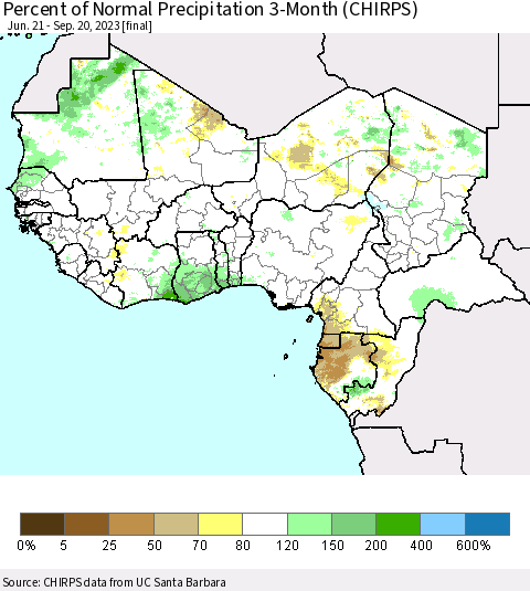 Western Africa Percent of Normal Precipitation 3-Month (CHIRPS) Thematic Map For 6/21/2023 - 9/20/2023