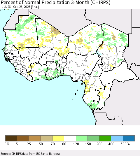 Western Africa Percent of Normal Precipitation 3-Month (CHIRPS) Thematic Map For 7/26/2023 - 10/25/2023