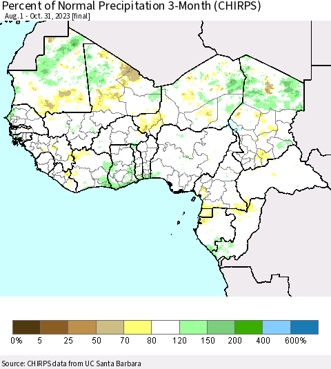 Western Africa Percent of Normal Precipitation 3-Month (CHIRPS) Thematic Map For 8/1/2023 - 10/31/2023