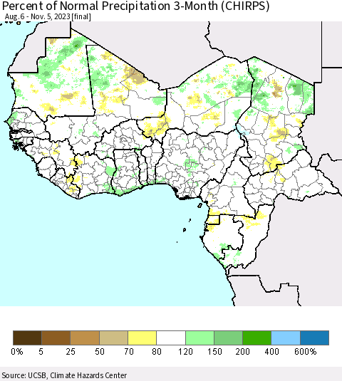 Western Africa Percent of Normal Precipitation 3-Month (CHIRPS) Thematic Map For 8/6/2023 - 11/5/2023