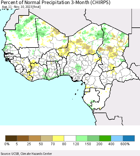 Western Africa Percent of Normal Precipitation 3-Month (CHIRPS) Thematic Map For 8/11/2023 - 11/10/2023