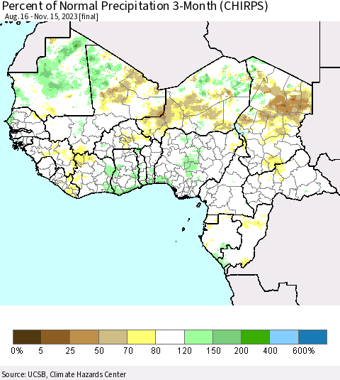 Western Africa Percent of Normal Precipitation 3-Month (CHIRPS) Thematic Map For 8/16/2023 - 11/15/2023