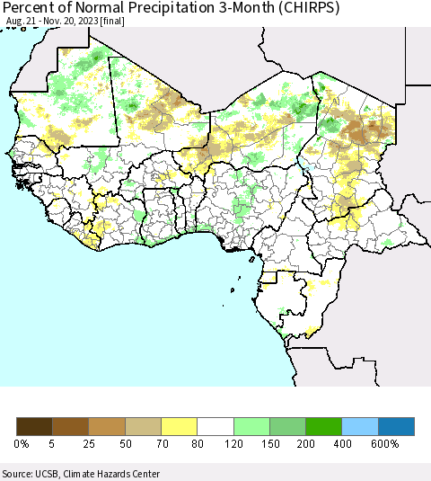 Western Africa Percent of Normal Precipitation 3-Month (CHIRPS) Thematic Map For 8/21/2023 - 11/20/2023