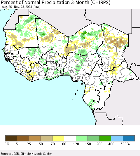 Western Africa Percent of Normal Precipitation 3-Month (CHIRPS) Thematic Map For 8/26/2023 - 11/25/2023