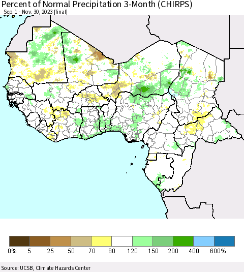 Western Africa Percent of Normal Precipitation 3-Month (CHIRPS) Thematic Map For 9/1/2023 - 11/30/2023