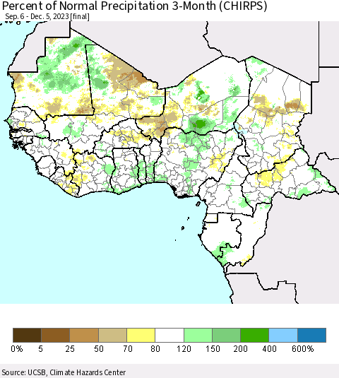 Western Africa Percent of Normal Precipitation 3-Month (CHIRPS) Thematic Map For 9/6/2023 - 12/5/2023