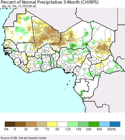 Western Africa Percent of Normal Precipitation 3-Month (CHIRPS) Thematic Map For 9/16/2023 - 12/15/2023
