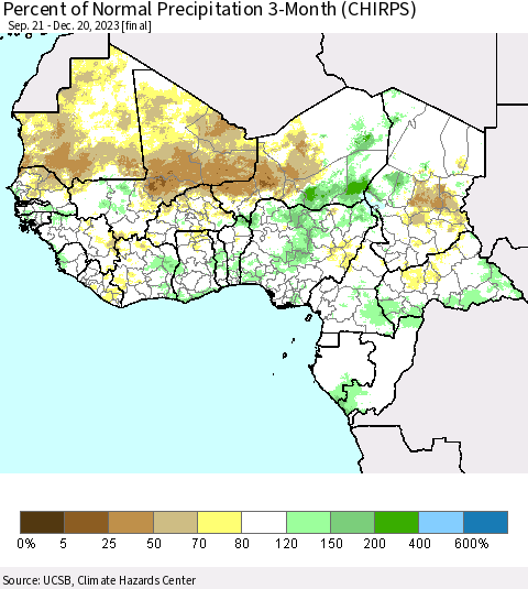 Western Africa Percent of Normal Precipitation 3-Month (CHIRPS) Thematic Map For 9/21/2023 - 12/20/2023