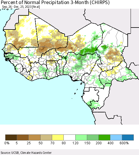 Western Africa Percent of Normal Precipitation 3-Month (CHIRPS) Thematic Map For 9/26/2023 - 12/25/2023