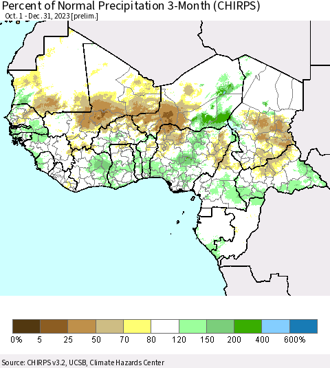 Western Africa Percent of Normal Precipitation 3-Month (CHIRPS) Thematic Map For 10/1/2023 - 12/31/2023