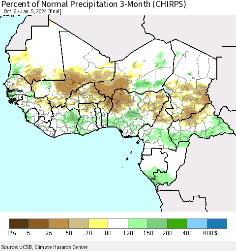 Western Africa Percent of Normal Precipitation 3-Month (CHIRPS) Thematic Map For 10/6/2023 - 1/5/2024