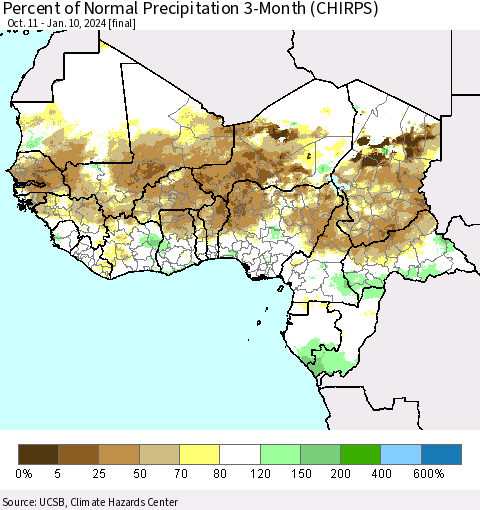 Western Africa Percent of Normal Precipitation 3-Month (CHIRPS) Thematic Map For 10/11/2023 - 1/10/2024