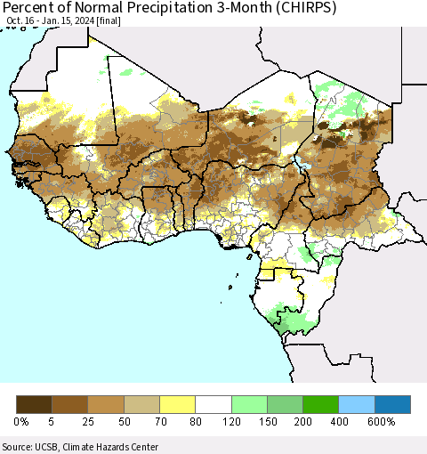 Western Africa Percent of Normal Precipitation 3-Month (CHIRPS) Thematic Map For 10/16/2023 - 1/15/2024