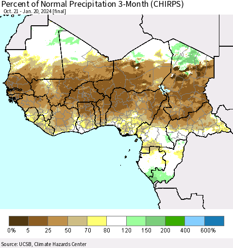 Western Africa Percent of Normal Precipitation 3-Month (CHIRPS) Thematic Map For 10/21/2023 - 1/20/2024