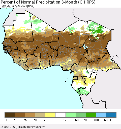 Western Africa Percent of Normal Precipitation 3-Month (CHIRPS) Thematic Map For 10/26/2023 - 1/25/2024