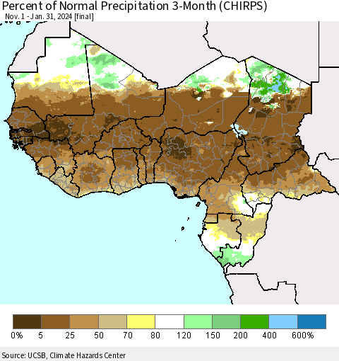 Western Africa Percent of Normal Precipitation 3-Month (CHIRPS) Thematic Map For 11/1/2023 - 1/31/2024