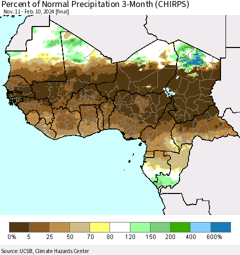 Western Africa Percent of Normal Precipitation 3-Month (CHIRPS) Thematic Map For 11/11/2023 - 2/10/2024