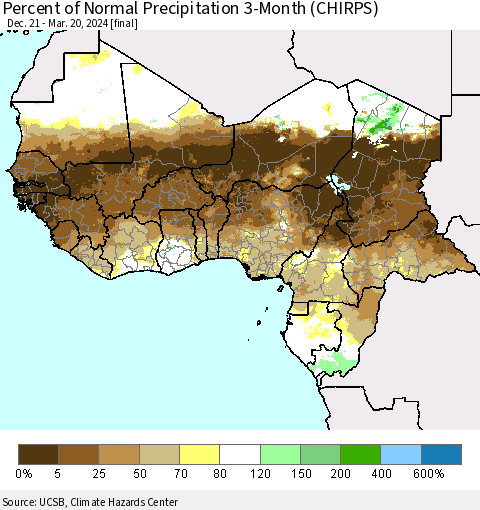 Western Africa Percent of Normal Precipitation 3-Month (CHIRPS) Thematic Map For 12/21/2023 - 3/20/2024