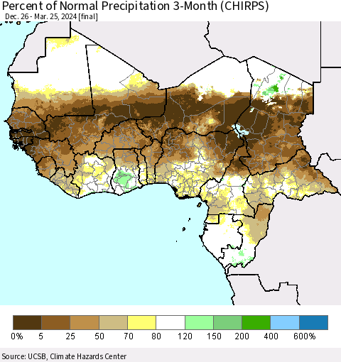 Western Africa Percent of Normal Precipitation 3-Month (CHIRPS) Thematic Map For 12/26/2023 - 3/25/2024