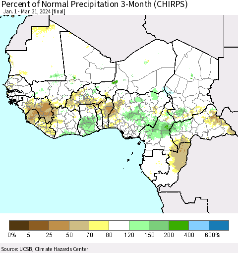 Western Africa Percent of Normal Precipitation 3-Month (CHIRPS) Thematic Map For 1/1/2024 - 3/31/2024
