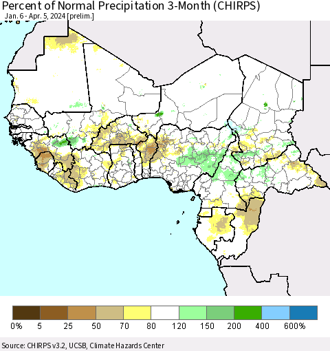 Western Africa Percent of Normal Precipitation 3-Month (CHIRPS) Thematic Map For 1/6/2024 - 4/5/2024