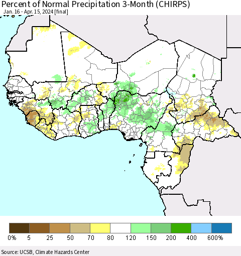 Western Africa Percent of Normal Precipitation 3-Month (CHIRPS) Thematic Map For 1/16/2024 - 4/15/2024