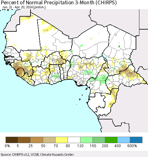 Western Africa Percent of Normal Precipitation 3-Month (CHIRPS) Thematic Map For 1/21/2024 - 4/20/2024