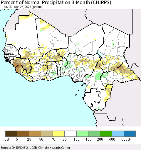 Western Africa Percent of Normal Precipitation 3-Month (CHIRPS) Thematic Map For 1/26/2024 - 4/25/2024