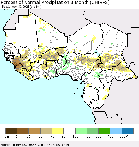 Western Africa Percent of Normal Precipitation 3-Month (CHIRPS) Thematic Map For 2/1/2024 - 4/30/2024
