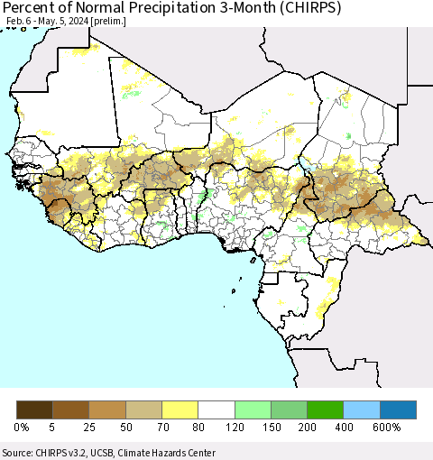 Western Africa Percent of Normal Precipitation 3-Month (CHIRPS) Thematic Map For 2/6/2024 - 5/5/2024