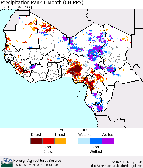 Western Africa Precipitation Rank since 1981, 1-Month (CHIRPS) Thematic Map For 7/1/2021 - 7/31/2021