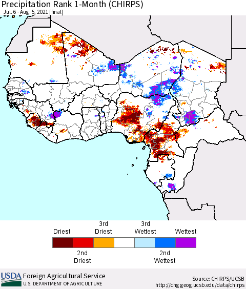 Western Africa Precipitation Rank since 1981, 1-Month (CHIRPS) Thematic Map For 7/6/2021 - 8/5/2021