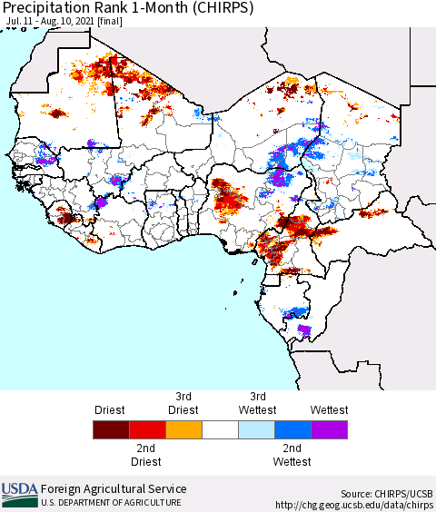 Western Africa Precipitation Rank since 1981, 1-Month (CHIRPS) Thematic Map For 7/11/2021 - 8/10/2021
