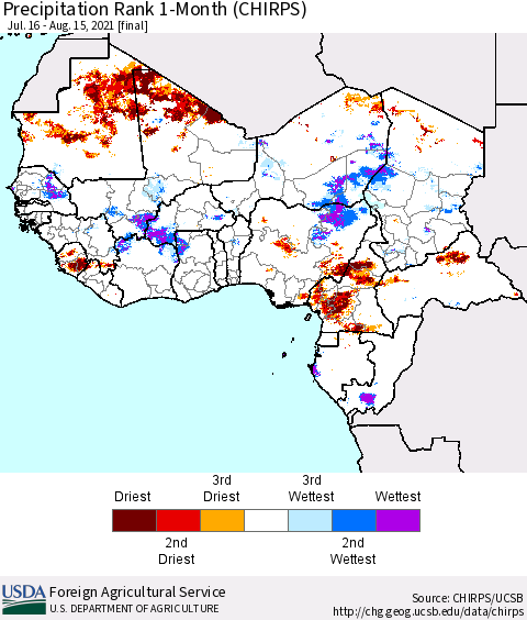 Western Africa Precipitation Rank since 1981, 1-Month (CHIRPS) Thematic Map For 7/16/2021 - 8/15/2021