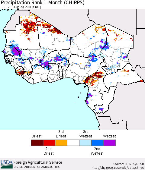 Western Africa Precipitation Rank since 1981, 1-Month (CHIRPS) Thematic Map For 7/21/2021 - 8/20/2021