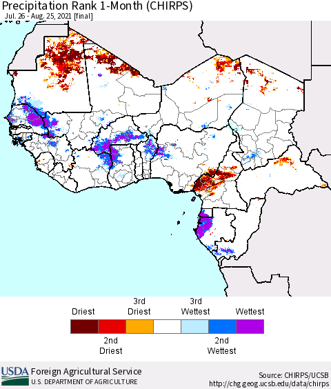 Western Africa Precipitation Rank since 1981, 1-Month (CHIRPS) Thematic Map For 7/26/2021 - 8/25/2021