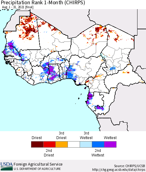 Western Africa Precipitation Rank since 1981, 1-Month (CHIRPS) Thematic Map For 8/1/2021 - 8/31/2021
