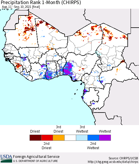 Western Africa Precipitation Rank since 1981, 1-Month (CHIRPS) Thematic Map For 8/11/2021 - 9/10/2021