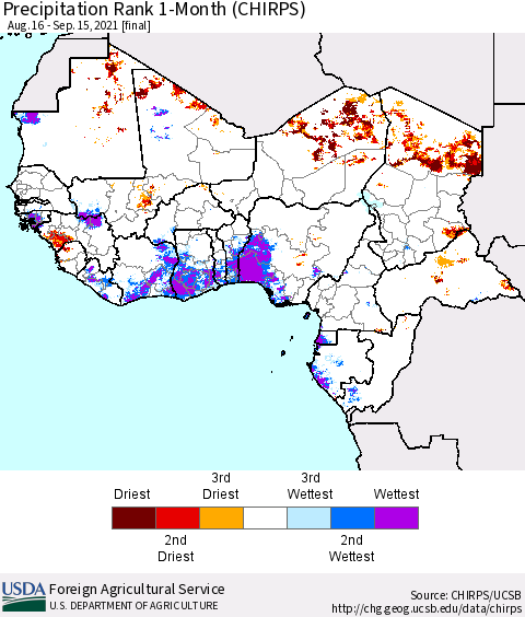 Western Africa Precipitation Rank since 1981, 1-Month (CHIRPS) Thematic Map For 8/16/2021 - 9/15/2021