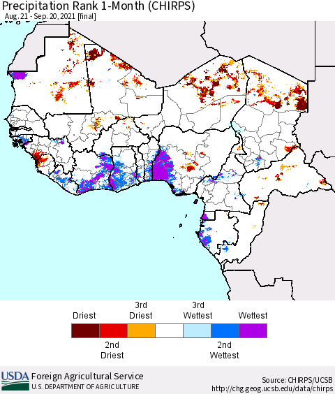 Western Africa Precipitation Rank since 1981, 1-Month (CHIRPS) Thematic Map For 8/21/2021 - 9/20/2021