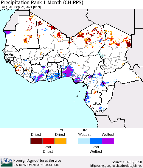 Western Africa Precipitation Rank since 1981, 1-Month (CHIRPS) Thematic Map For 8/26/2021 - 9/25/2021